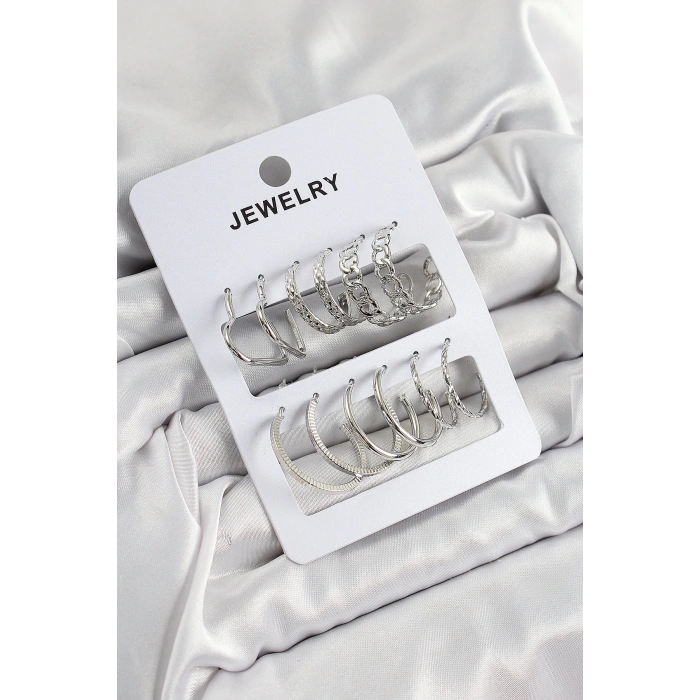 Pirinç Karışık Halka Model Gümüş Renk 6 Çift Kadın Küpe Set