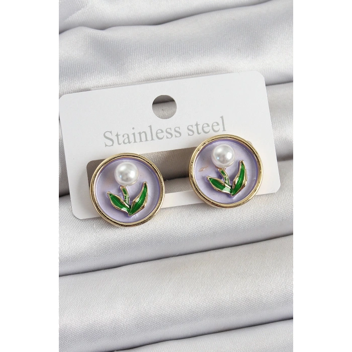 Pirinç Mor Mineli Lale Figürlü Sanatsal Portre Model Gold Renk Kadın Küpe