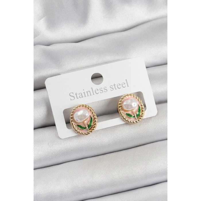 Pirinç Pembe Mineli Lale Figürlü Sanatsal Portre Model Gold Renk Kadın Küpe