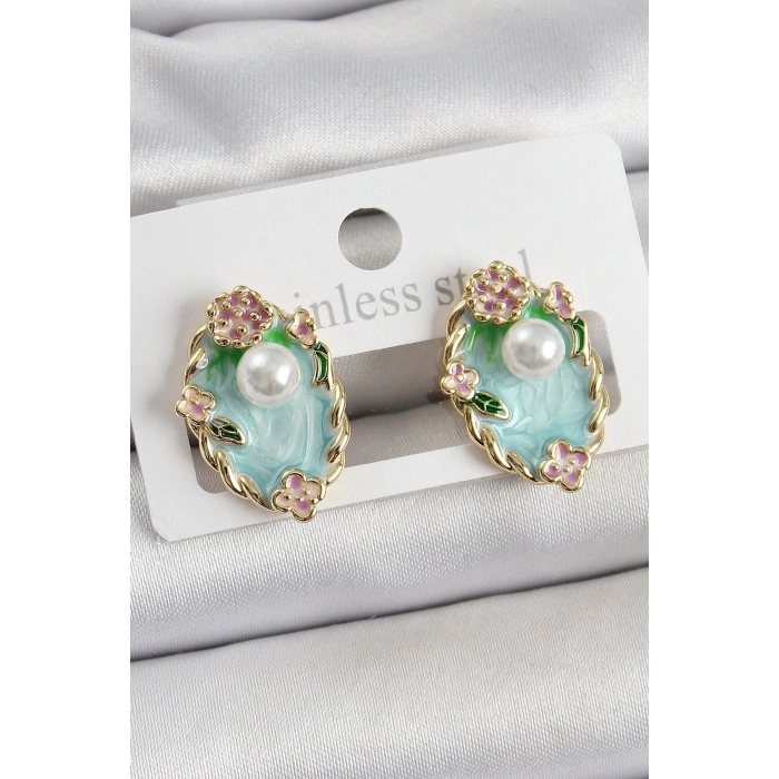 Pirinç Yeşil Mineli İnci Detaylı Sanatsal Portre Model Gold Renk Kadın Küpe