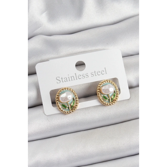 Pirinç Yeşil Mineli Lale Figürlü Sanatsal Portre Model Gold Renk Kadın Küpe