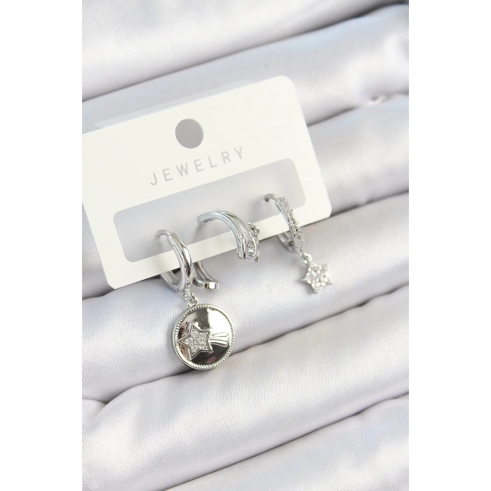 Pirinç Zirkon Taşlı Sallantılı Yıldız Model Gümüş Renk 3lü Çift Kadın Küpe Set