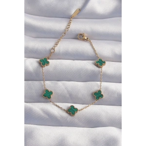 316L Çelik Baby Boy Gold Renk Çizgili Yeşil Mineli Yonca Bileklik