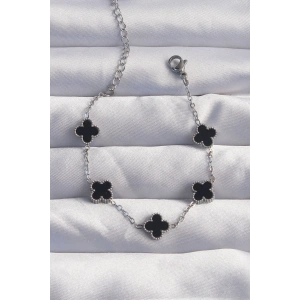 316L Çelik Baby Boy Gümüş Renk Siyah Mineli Yonca Bileklik