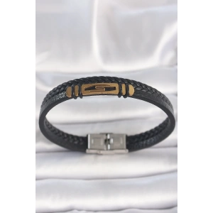 316L Çelik Gold Renk Aksesuarlı Çift Sıra Siyah Burgu Desenli Deri Kordon Erkek Bileklik