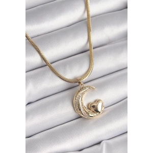316L Çelik Gold Renk Çelik İtalyan Zincir Zirkon Taşlı Halil Figür Kalp Detay Kadın Kolye