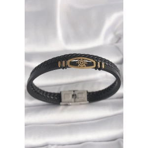 316L Çelik Gold Renk Gemi Dümen Figür Siyah Renk Çift Sıra Burgu Desenli Deri Kordon Erkek Bileklik