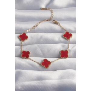 316L Çelik Gold Renk Kırmızı Mineli Yonca Bileklik