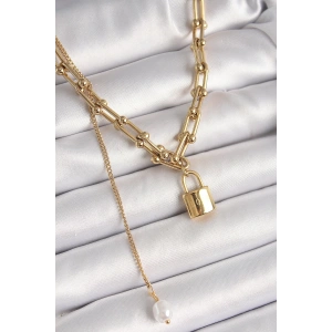 316L Çelik Gold Renk Tifany Zincir Model Kilit Figür Sallantı İnci Detay Kadın Kolye