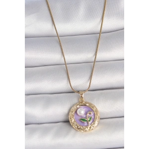 316L Çelik Gold Renk Zincir Mor Çiçek İşlemeli İnci Detay Potre Model Kadın Kolye