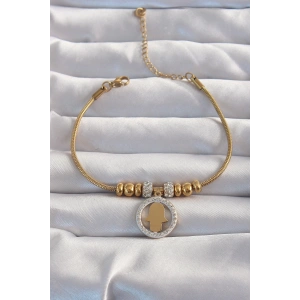 316L Çelik Gold Renk Zirkon Taş Aksesuarlı Fatma Ana Eli Bileklik