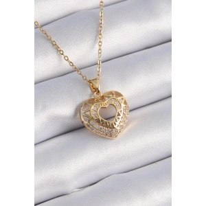 316L Çelik Gold Renk Zirkon Taşlı Kalp Model Vintage Kadın Kolye
