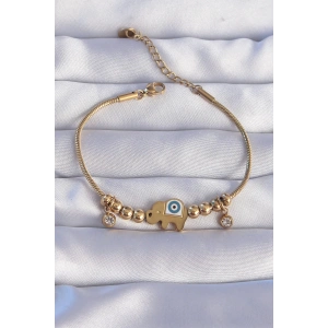 316L Çelik Gold Renk Zirkon Taşlı Nazarlı Fil Tasarımlı Bileklik