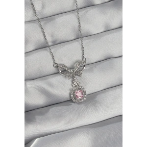 316L Çelik Gümüş Renk Fiyonk Detay Pembe Zirkon Taşlı Tektaş Kolye