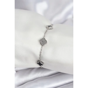 316L Çelik Gümüş Renk Siyah ve Zirkon Taşlı Baby Boy Yonca Kadın Bileklik
