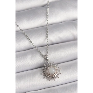 316L Çelik Gümüş Renk Zincir Beyaz Mineli Güneş Model Kadın Kolye