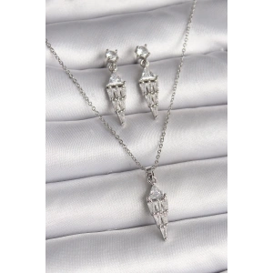 316L Çelik Gümüş Renk Zincir Sallantı Zirkon Taş Model Kadın Kolye Küpe Seti