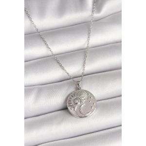 316L Çelik Gümüş Renk Zincir Zirkon Taşlı Ay Güneş İşlemeli Madalyon Model Kadın Kolye