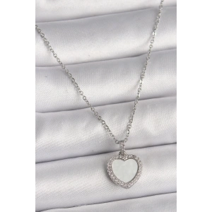 316L Çelik Gümüş Renk Zincir Zirkon Taşlı Beyaz Mineli Kalp Model Kadın Kolye