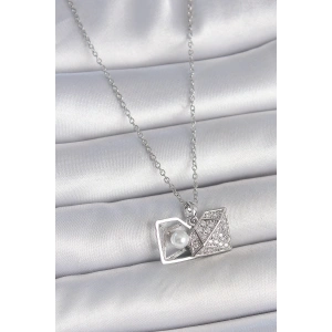 316L Çelik Gümüş Renk Zincir Zirkon Taşlı İncili Açılır Elmas Model Kadın Kolye