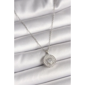 316L Çelik Gümüş Renk Zincir Zirkon Taşlı Kalp İşlemeli Madalyon Model Kadın Kolye