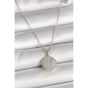 316L Çelik Gümüş Renk Zincir Zirkon Taşlı Mavi Taş Detaylı Madalyon Model Kadın Kolye