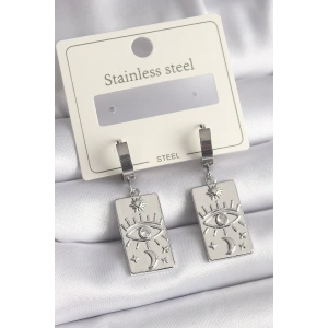 316L Çelik Gümüş Renk Zirkon Taşlı Göz İşleme Detaylı Plaka Model Kadın Küpe