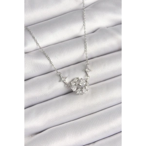 316L Çelik Gümüş Renk Zirkon Taşlı Hilal Kalp Model Kadın Kolye