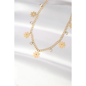 316L Çelik Taşlı Gold Renk Çoklu Çiçek Kolye