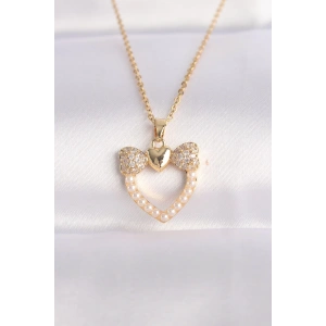 316L Çelik Zincir Altın Renk İnci Taş Detay Zirkon Taşlı Kalp Kolye