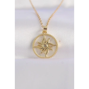 316L Çelik Zincir Altın Renk Zirkon Taşlı Oval Tasarım Güneş Kolye