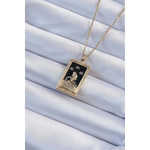 316L Çelik Zincir Altın Renk Zirkon Taşlı Siyah Mineli Kız Figürlü Tarot Kolye