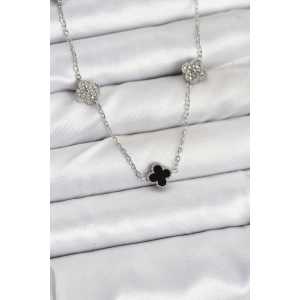 316L Çelik Zincir Gümüş Renk Siyah ve Zirkon Taşlı Baby Boy Yonca Kadın Kolye