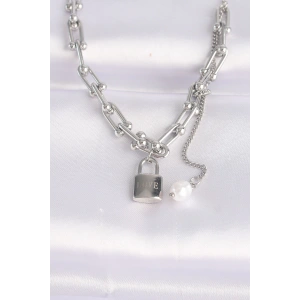 316L Çelik Zincir Gümüş Renk Zincirli Love Yazılı Kilit Kolye