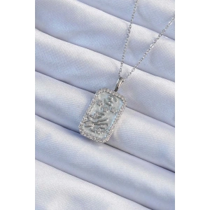 316L Çelik Zincir Gümüş Renk Zirkon Taşlı Çerçeveli Tarot Kolye