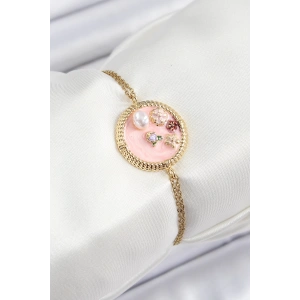 316L Çelik Zincir Pembe Mineli Sanatsal Portre İnci Detaylı Çiçek Model Gold Renk Kadın Bileklik