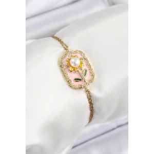 316L Çelik Zincir Pembe Mineli Sanatsal Portre İnci Detaylı Papatya Model Gold Renk Kadın Bileklik