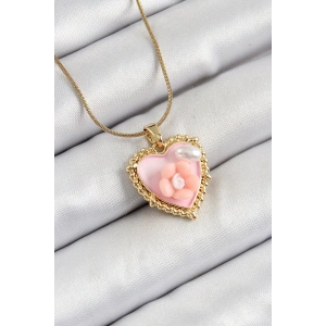 316L Çelik Zincir Pembe Sanatsal Portre İnci Detaylı Papatya Figürlü Kalp Model Gold Renk Kadın Kolye
