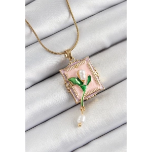 316L Çelik Zincir Pembe Sanatsal Portre Sallantılı İnci Detaylı Lale Model Gold Renk Kadın Kolye