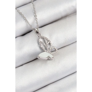 316L Çelik Zirkon Taşlı Kelebek Model Gümüş Renk Kadın Kolye