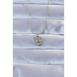 316L Gümüş Renk Zirkon Taşlı İşlemeli Göz Detay Kalp Kolye