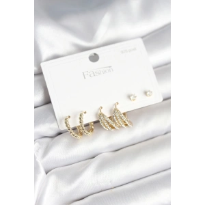 Gold Renk Pirinç 925 Ayar Gümüş Çivili Kadın Küpe Seti