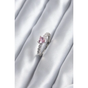 Gümüş Renk Zirkon Taşlı Pembe Kristal Kalp Model Kadın Yüzük