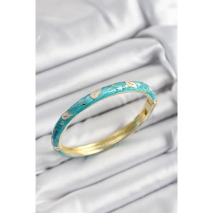 Mineli Pirinç Krem Ve Turkuaz Yaprak Motifli Gold Renk Kadın Kelepçe