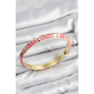 Mineli Pirinç Zirkon Taşlı Pembe Çiçek Motifli Gold Kadın Kelepçe