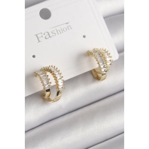 Pirinç Gold Renk 2Li Zirkon Taşlı Halka Model Kadın Küpe