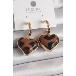 Pirinç Gold Renk 3D Kalp Leopar Desen Model Kadın Küpe