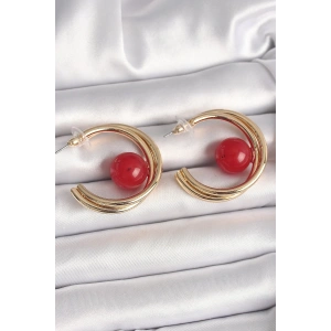 Pirinç Gold Renk Halka Model Kırmızı Boncuk Detay Kadın Küpe