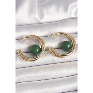 Pirinç Gold Renk Halka Model Yeşil Boncuk Detay Kadın Küpe