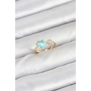 Pirinç Gold Renk Mavi Yıldızlı Model Kadın Yüzük